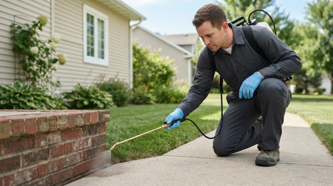 Pest control technician treating a home near Opolis, KS
