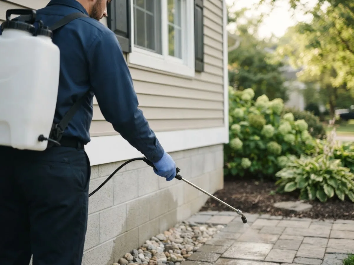 Pest control technician inspecting a home in Opolis, KS